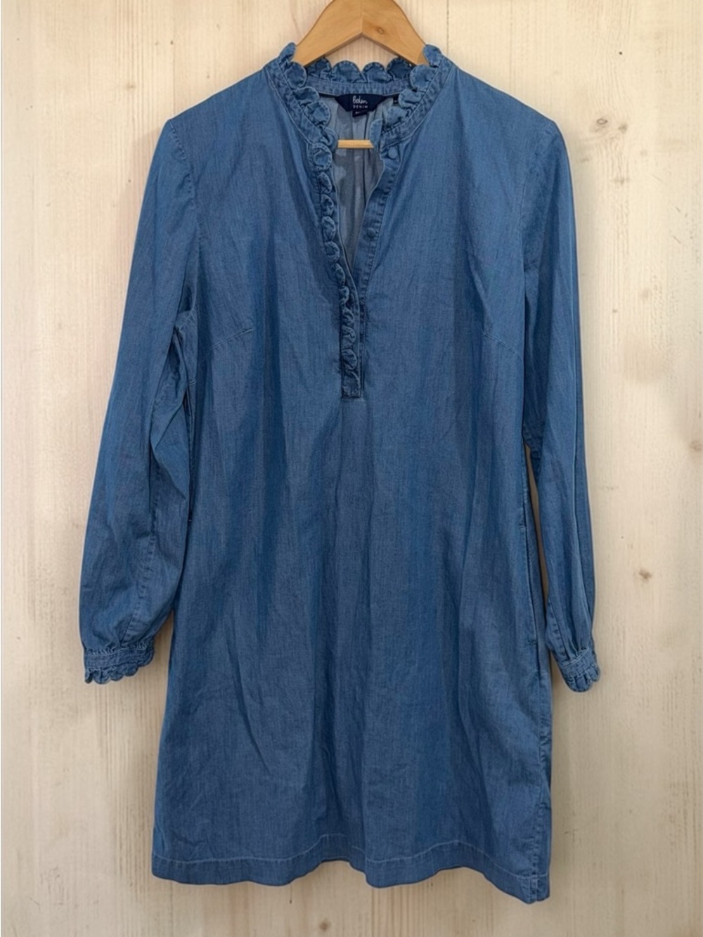 Boden Denim Chambray Long Sleeve Ruffle-Trim Shift Dress Size 10 Women’s